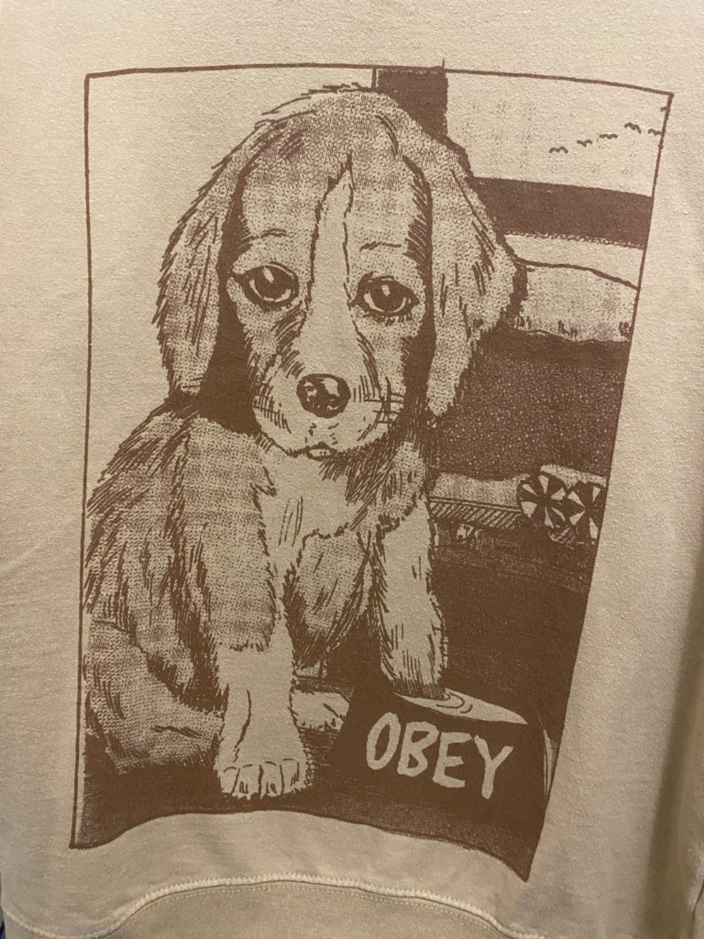 Obey Tan Crewneck Sweatshirt with Brown Puppy Graphic - Picture 3 of 6